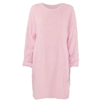 Light pink long sleeve midi jumper dress in soft polyester, front view — 28 — view 38