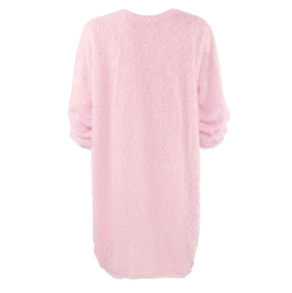 Pink long sleeve polyester midi jumper dress, back view — 29 — view 39