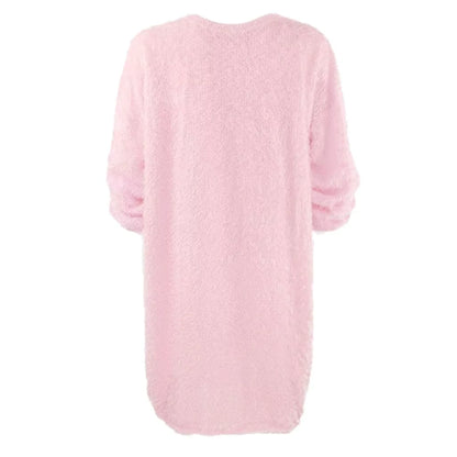 Pink long sleeve polyester midi jumper dress, back view — 29 — view 39