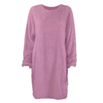 Pink long sleeve polyester midi jumper dress with textured fabric, front view — 31 — view 41