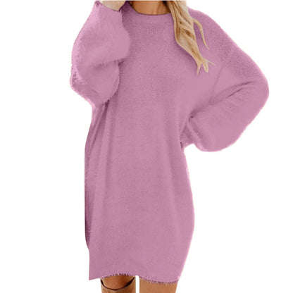 Women's long sleeve pink midi jumper dress, soft texture, relaxed fit — view 32 — view 42