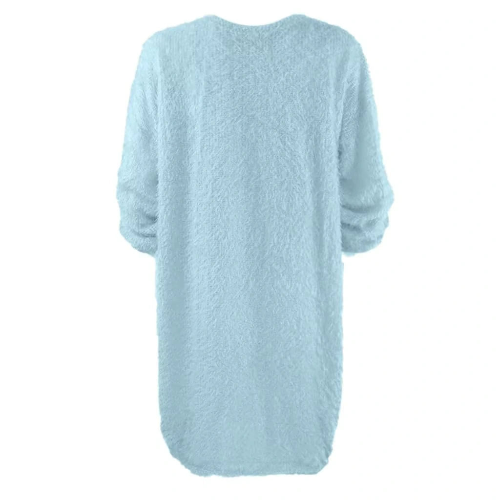 Light blue, long sleeve polyester midi jumper dress, back view — 35 — view 45