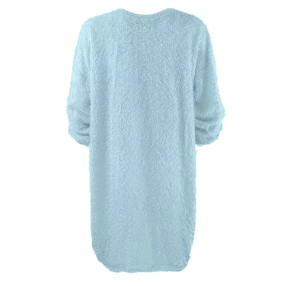 Light blue, long sleeve polyester midi jumper dress, back view — 35 — view 45