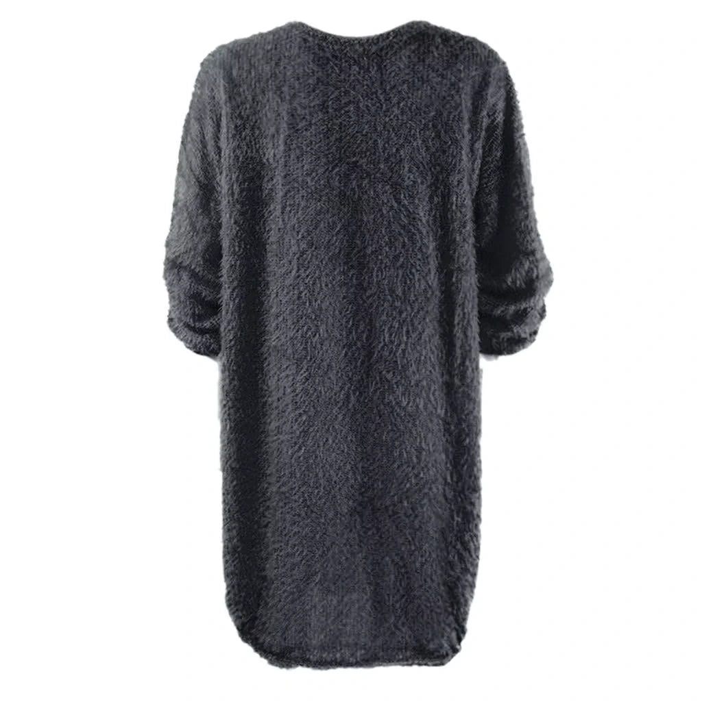 Black long sleeve midi jumper dress, back view, with textured polyester fabric — 42 — view 52