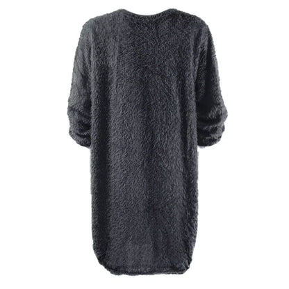 Black long sleeve midi jumper dress, back view, with textured polyester fabric — 42 — view 52