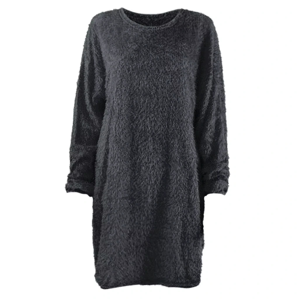 Black long sleeve polyester midi jumper dress with textured fabric, front view — 44 — view 54
