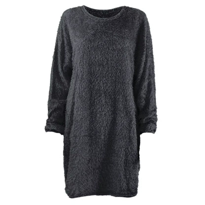 Black long sleeve polyester midi jumper dress with textured fabric, front view — 44 — view 54