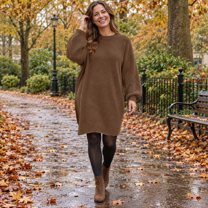 Women's Long Sleeve Polyester Midi Jumper Dress in Brown, worn by a happy model UK autumn setting — view 6