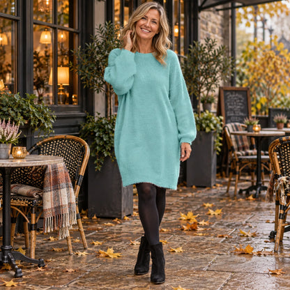 Women's Long Sleeve Polyester Midi Jumper Dress in Cyan, worn by a happy model UK autumn setting — view 7