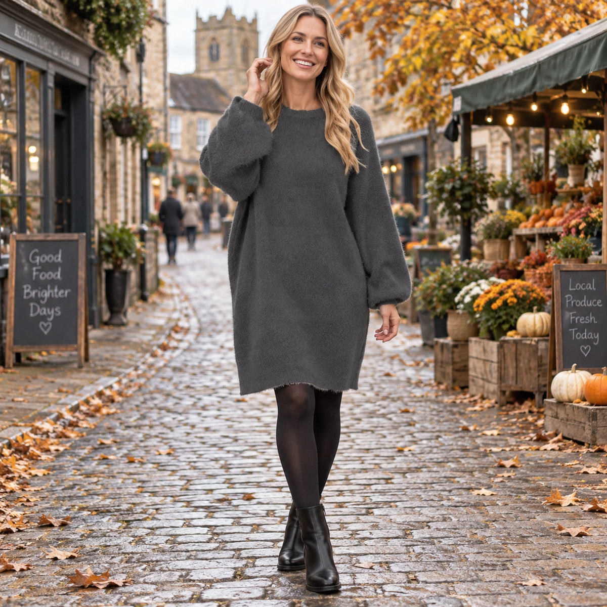 Women's Long Sleeve Polyester Midi Jumper Dress in Gray, worn by a happy model UK autumn setting — view 8