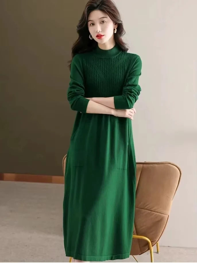 Women's green loose fit A line midi jumper dress with half high neck, front view — 7 — view 10