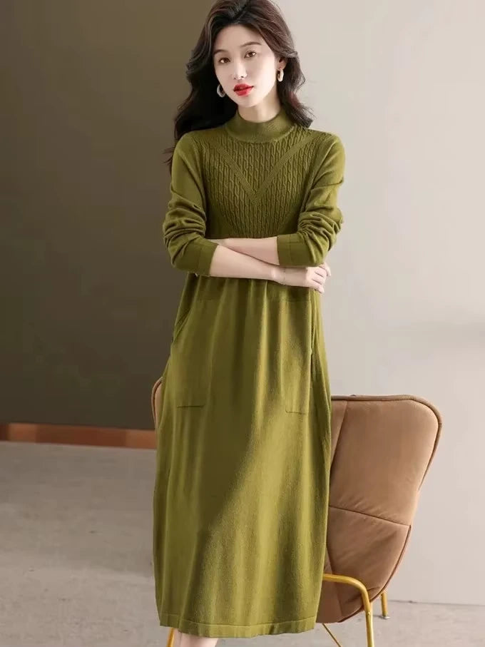 Olive green women's loose fit A line midi jumper dress with half high neck and long sleeves — view 8 — view 11