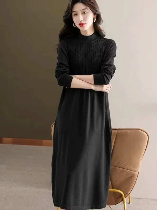 Black loose fit A line midi jumper dress with half high neck, shown — view 9 — view 12