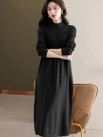 Black loose fit A line midi jumper dress with half high neck, shown — view 9 — view 12