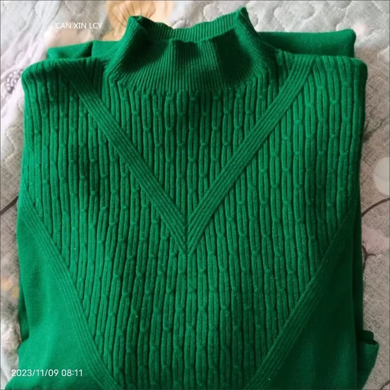 Green textured women's loose fit A line half high neck midi jumper dress, folded view — 12 — view 15