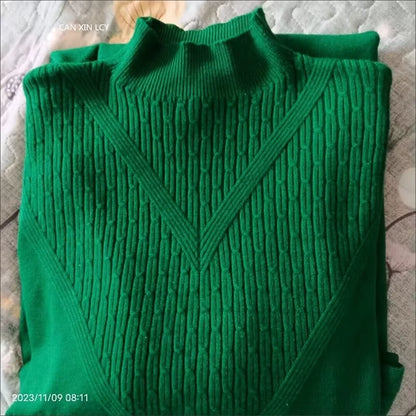 Green textured women's loose fit A line half high neck midi jumper dress, folded view — 12 — view 15