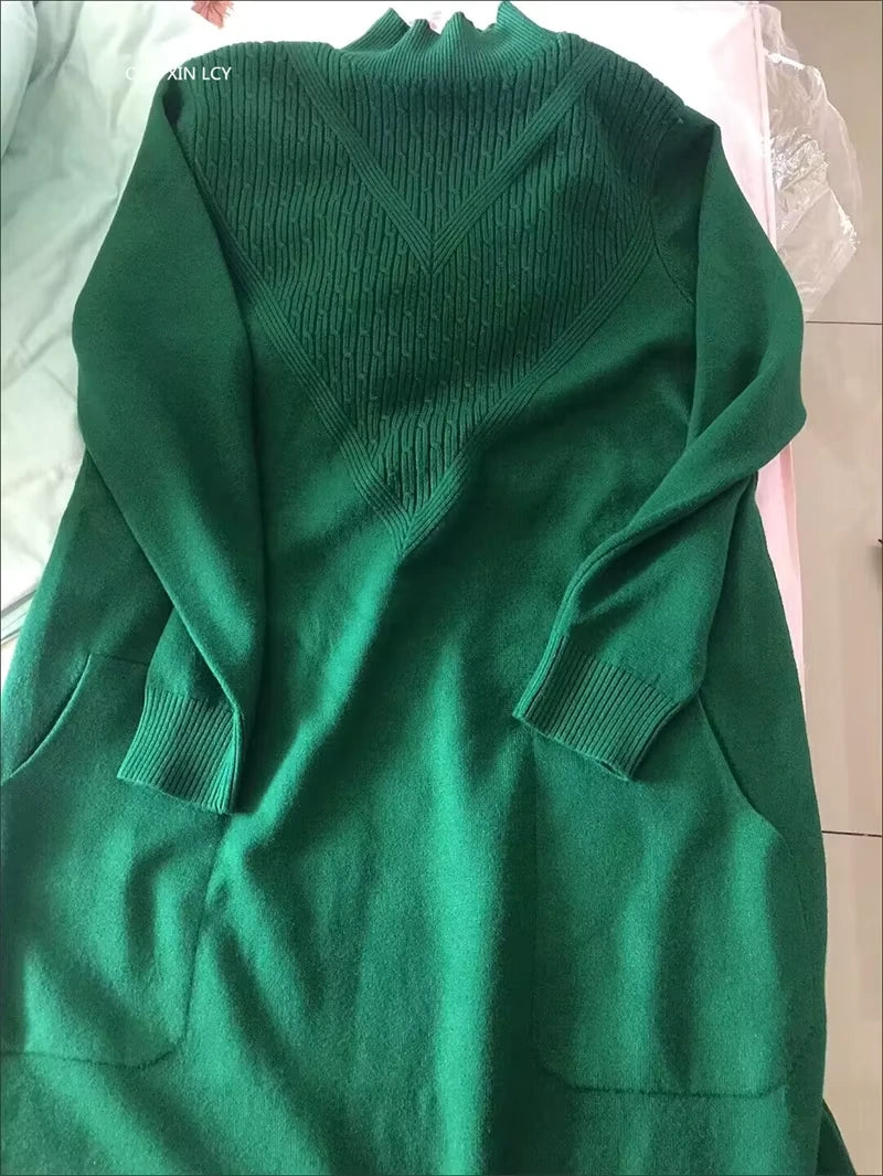 Green women's loose fit A line half high neck midi jumper dress with textured detail and long sleeves — view 13 — view 16
