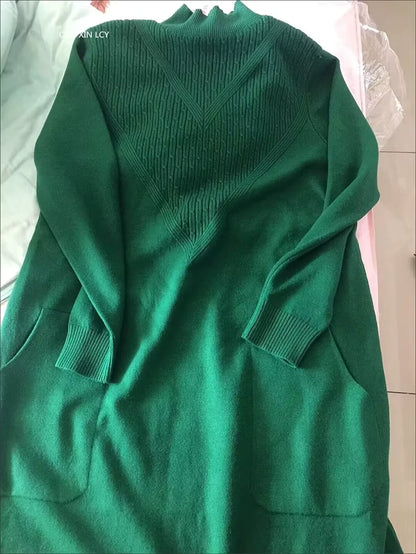 Green women's loose fit A line half high neck midi jumper dress with textured detail and long sleeves — view 13 — view 16