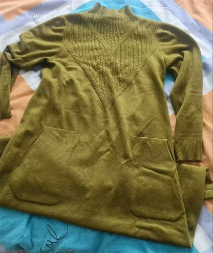 Olive green loose fit A line midi jumper dress with textured pattern and front pockets — view 14 — view 17