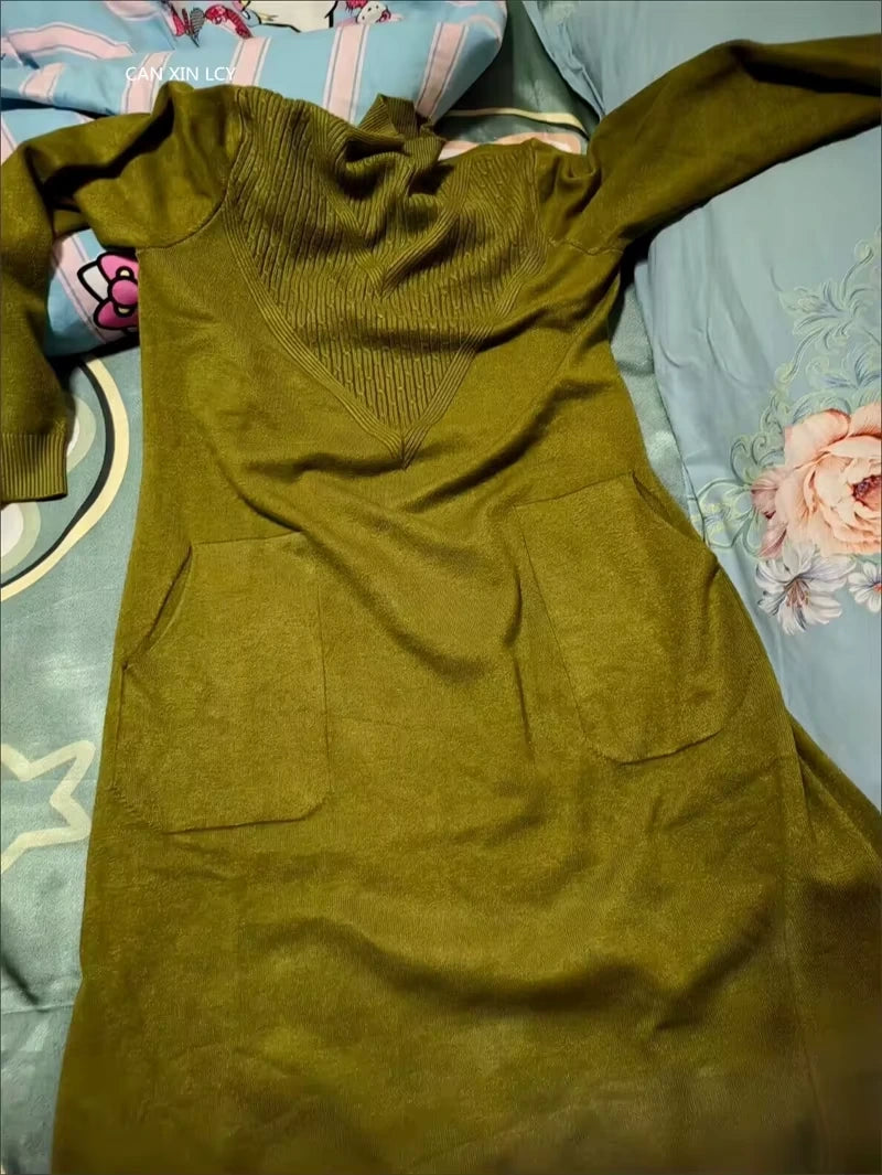 Olive green loose fit A line midi jumper dress with half high neck and front pockets — view 15 — view 18