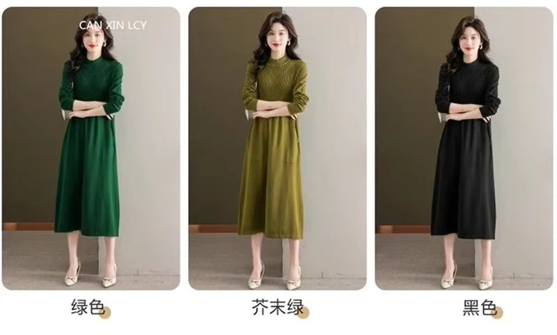 Women's loose fit A line midi jumper dress, three colours shown: green, olive, black — view 16 — view 19
