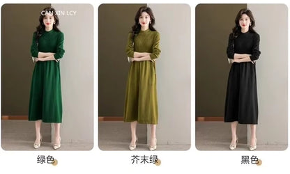 Women's loose fit A line midi jumper dress, three colours shown: green, olive, black — view 16 — view 19