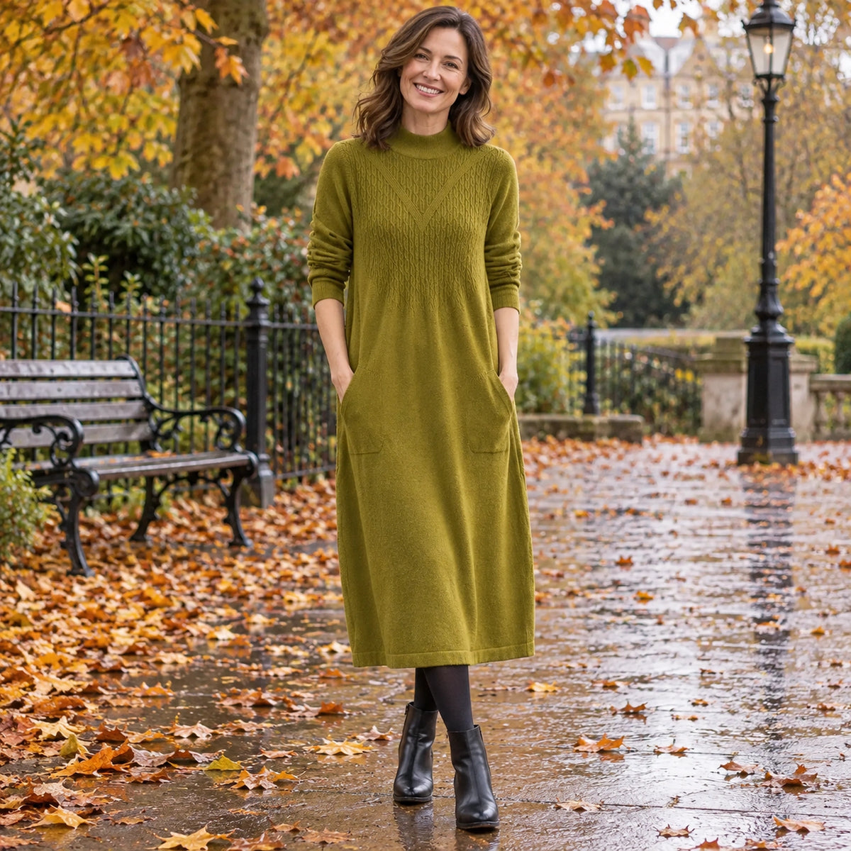 Women's Loose Fit A Line Half High Neck Midi Jumper Dress in Mustard Yellow, worn by happy model UK autumn setting — view 2