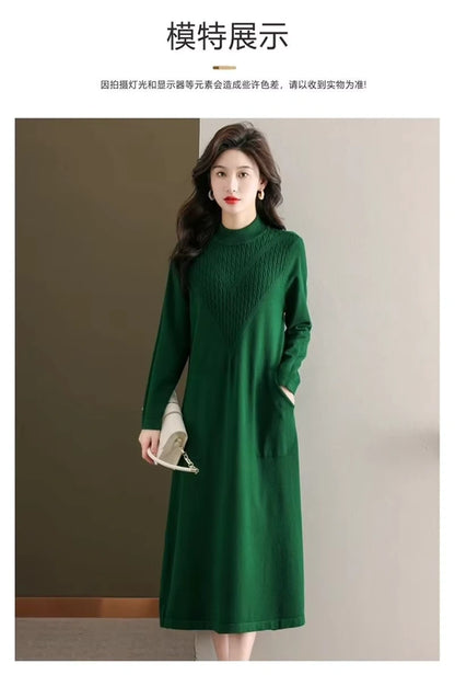 Women's loose fit A line midi jumper dress with half high neck, featuring long sleeves and pockets — view 17 — view 20