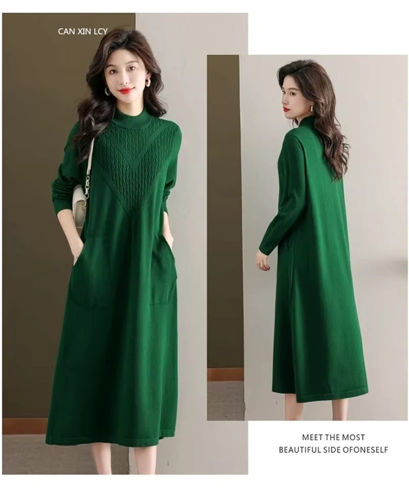 Green women's loose fit A line half high neck midi jumper dress, front and back view — 18 — view 21