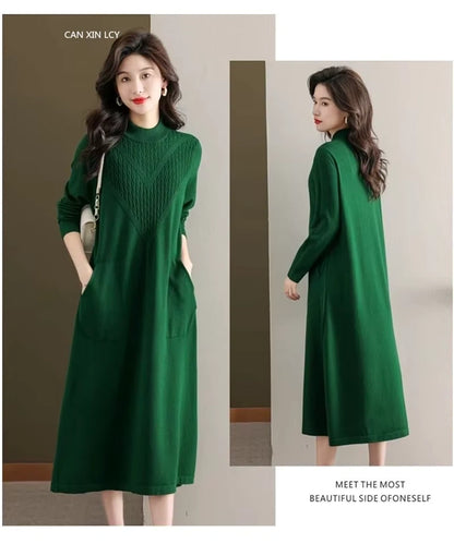 Green women's loose fit A line half high neck midi jumper dress, front and back view — 18 — view 21