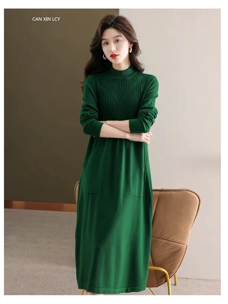 Green loose fit A line midi jumper dress with half high neck, worn — view 19 — view 22