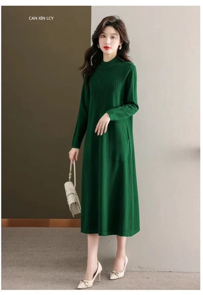 Green loose fit A line midi jumper dress with half high neck and long sleeves — view 20 — view 23