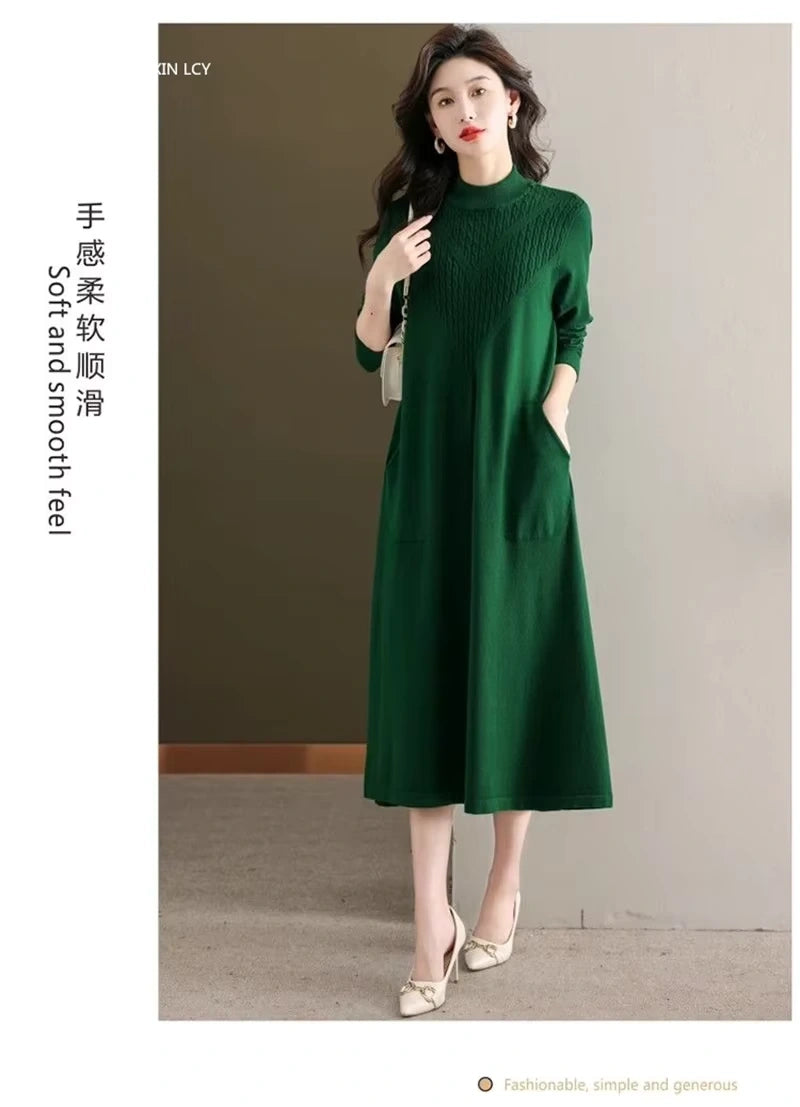 Green women's loose fit A line half high neck midi jumper dress with long sleeves and pockets — view 21 — view 24