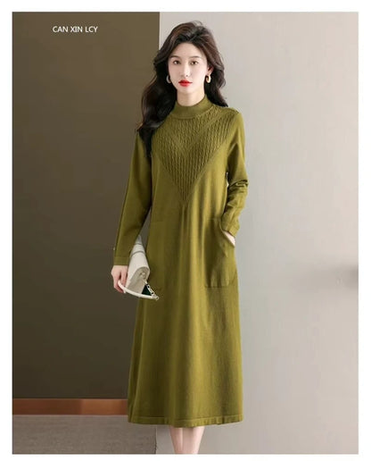 Olive green loose fit A line midi jumper dress with half high neck and pocket detail — view 22 — view 25