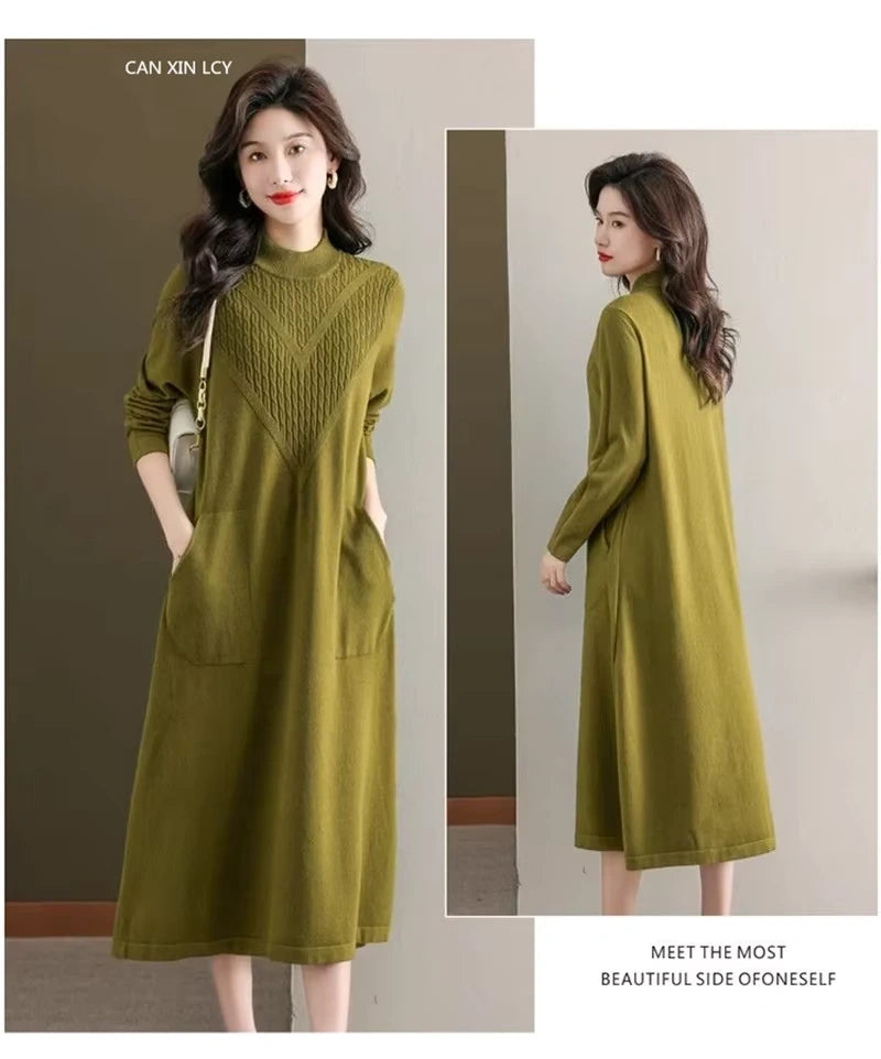 Olive green women's loose fit A line midi jumper dress with textured pattern and pockets — view 23 — view 26