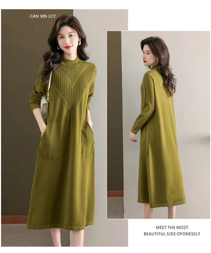 Olive green women's loose fit A line midi jumper dress with textured pattern and pockets — view 23 — view 26