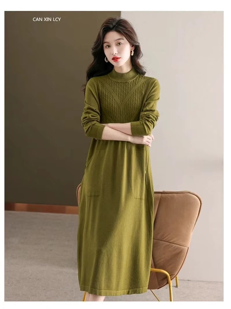 Women's loose fit A line midi jumper dress with half high neck, featuring textured knit design — view 24 — view 27
