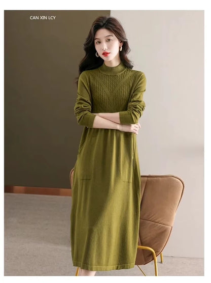 Women's loose fit A line midi jumper dress with half high neck, featuring textured knit design — view 24 — view 27