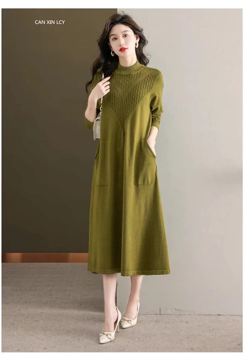 Women's loose fit A line half high neck midi jumper dress with pockets, full view — 25 — view 28
