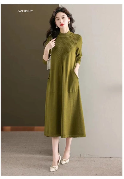 Women's loose fit A line half high neck midi jumper dress with pockets, full view — 25 — view 28