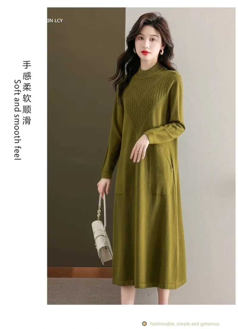 Olive green loose fit A line midi jumper dress with half high neck and pocket detail — view 26 — view 29