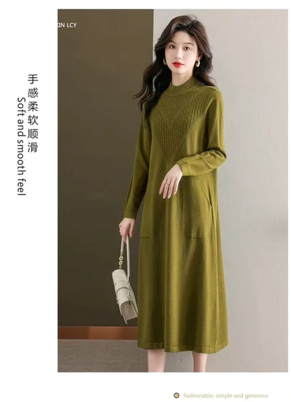 Olive green loose fit A line midi jumper dress with half high neck and pocket detail — view 26 — view 29