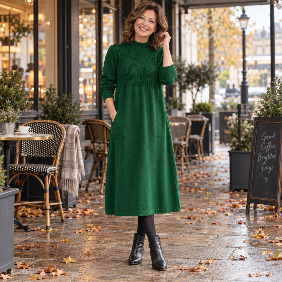 Women's Loose Fit A Line Half High Neck Midi Jumper Dress in Green, worn by happy model UK autumn setting — view 3