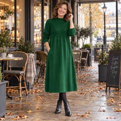 Women's Loose Fit A Line Half High Neck Midi Jumper Dress in Green, worn by happy model UK autumn setting — view 3