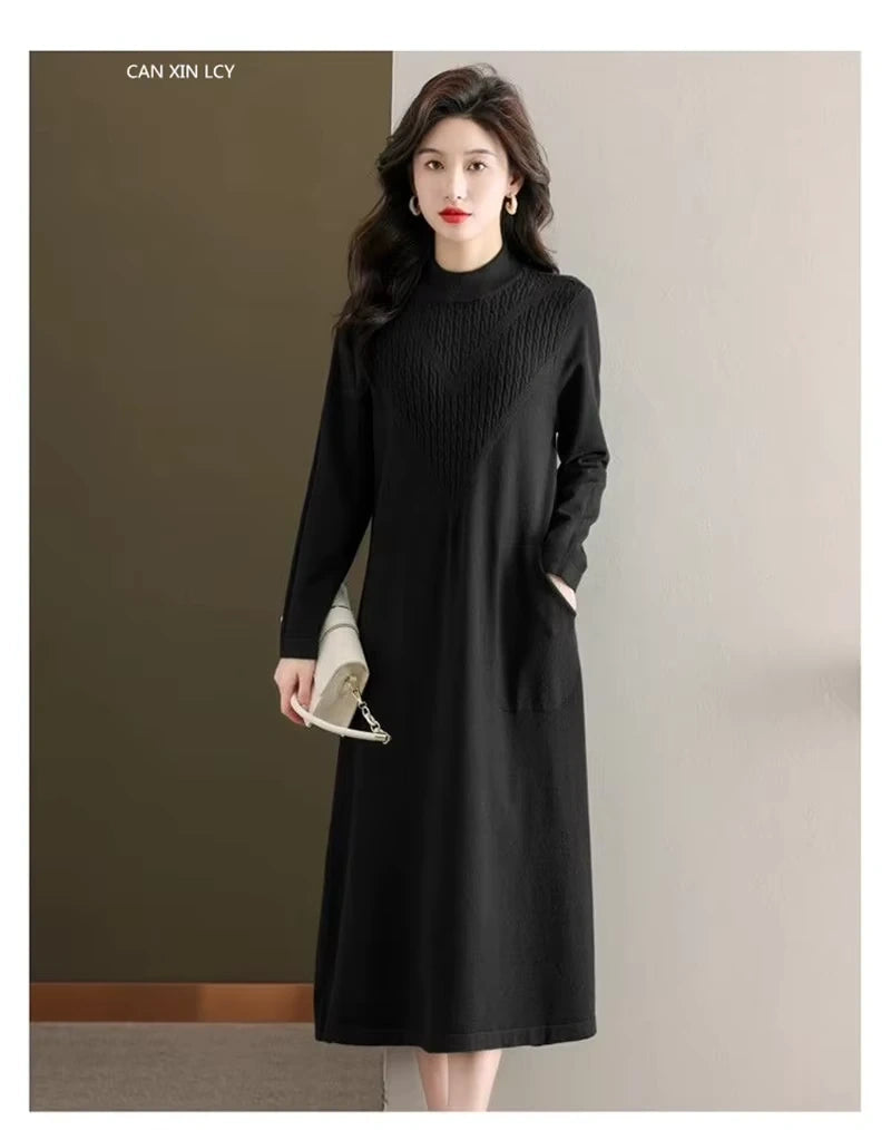 Women's loose fit A line midi jumper dress with half high neck, long sleeves, and side pockets — view 27 — view 30