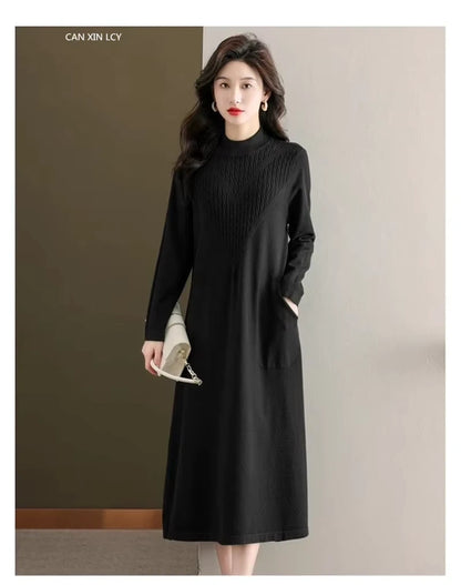 Women's loose fit A line midi jumper dress with half high neck, long sleeves, and side pockets — view 27 — view 30