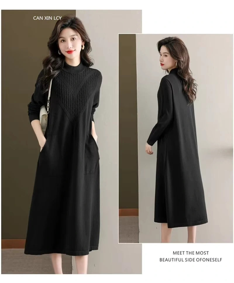 Women's loose fit A line midi jumper dress with half high neck, front and side views — view 28 — view 31
