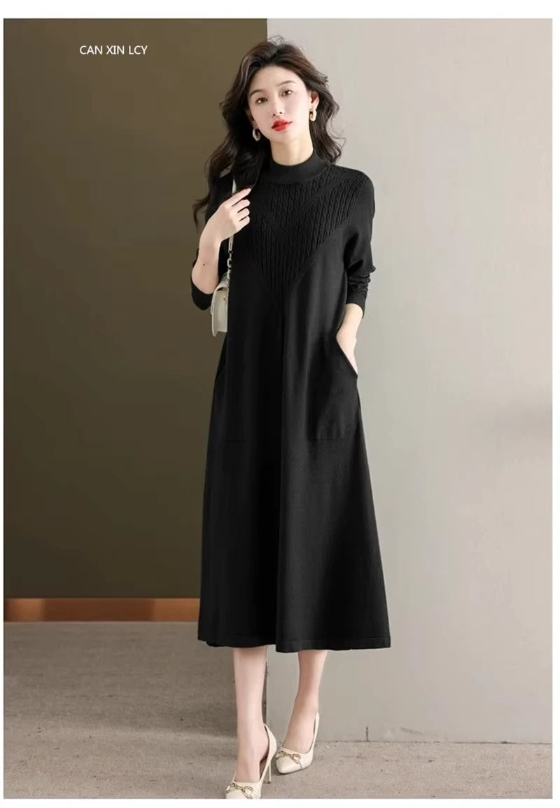 Black women's loose fit A line midi jumper dress with half high neck and pockets — view 30 — view 33