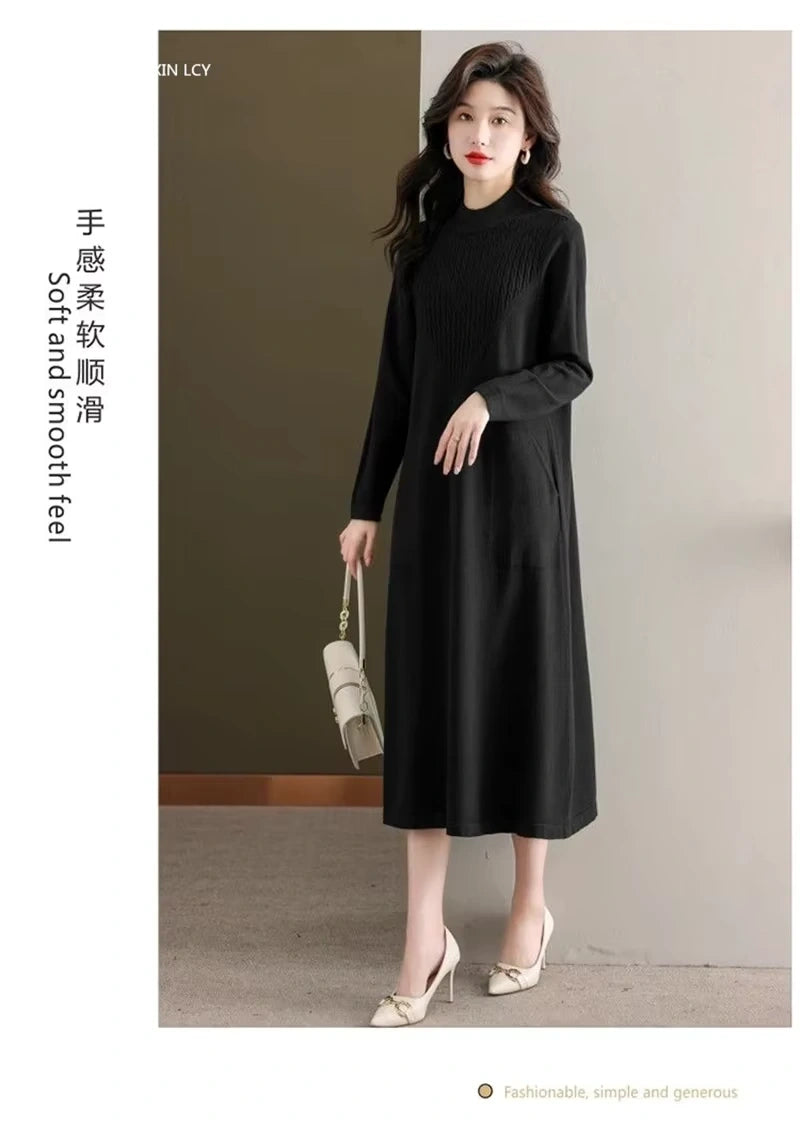 Black loose fit A line midi jumper dress with half high neck, full sleeves, and flowing silhouette — view 31 — view 34