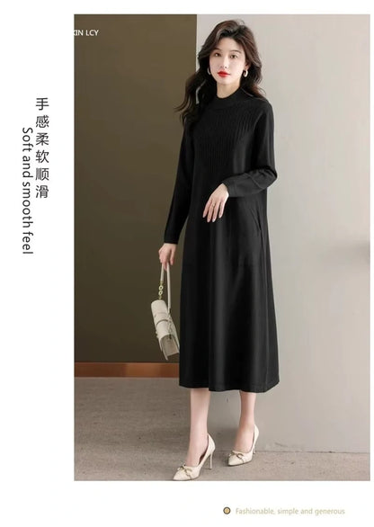 Black loose fit A line midi jumper dress with half high neck, full sleeves, and flowing silhouette — view 31 — view 34
